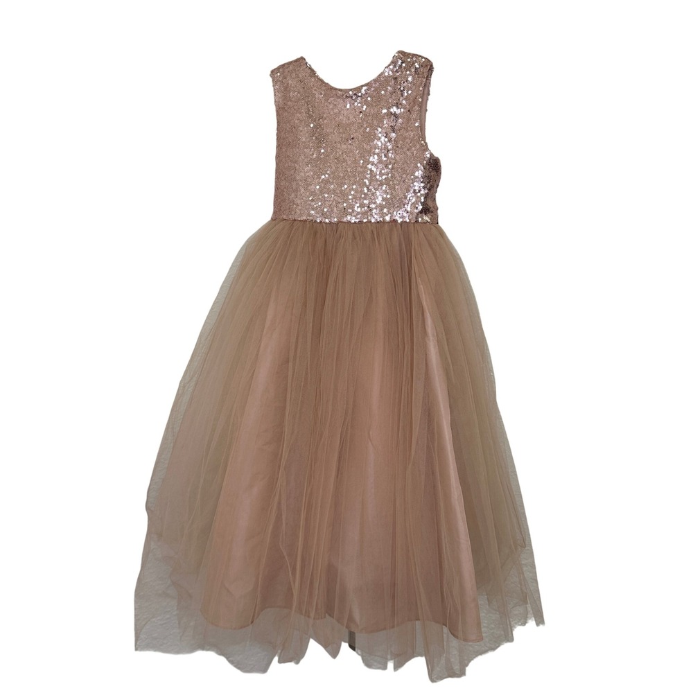 Rose Gold Sequin Tulle Heart Cutout Back Flower Girl Party Dress Kids Size 8